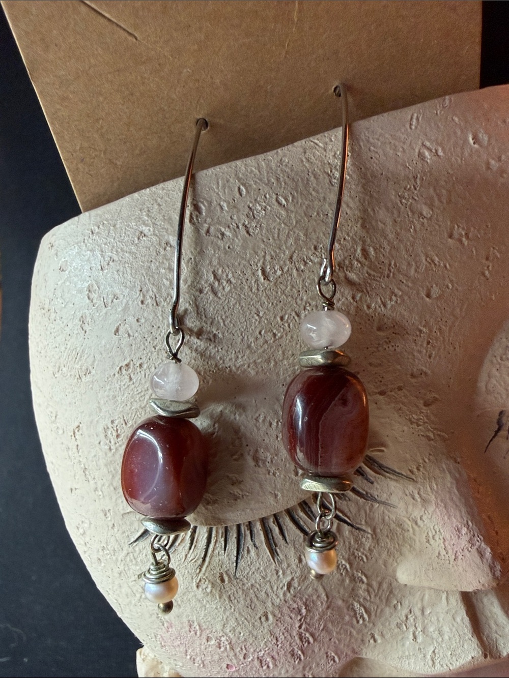 Silver Brown Agate Drop Earrings with Rose Quartz and Pearl